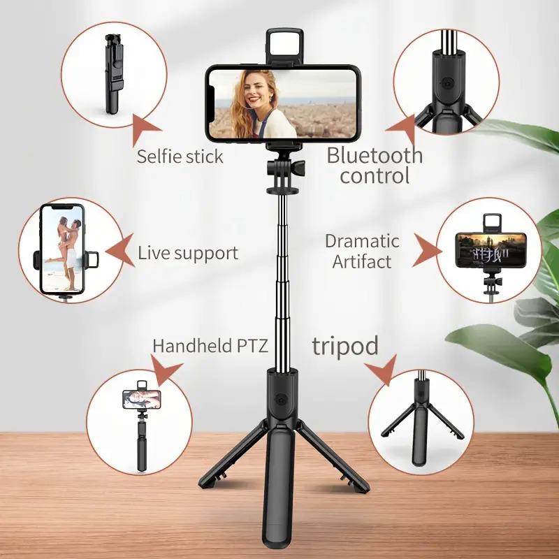 Alles in Einem Erweiterbares Tragbares iPhone Stativ Selfie-Stick Selfie-Stick mit Fernbedienung mit Abnehmbarer Kabelloser BT-Fernbedienung Kompatibel