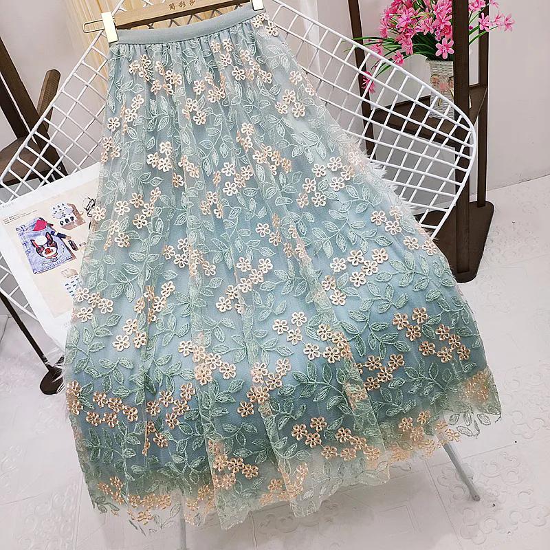 WTEMPO Women Embroidery Four Seasons Lace Patchwork A-line Tulle Skirts Elastic High Waist Loose Solid Color Casual Long Pleated Skirts