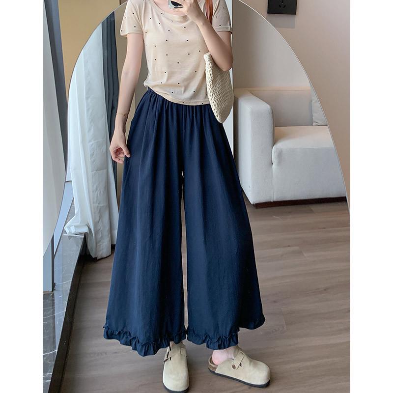 Korean Style Lace Patchwork Ice Silk Wide-Leg Pants for Women - High-Waisted, Versatile, Straight Leg, Summer 2026 Collection