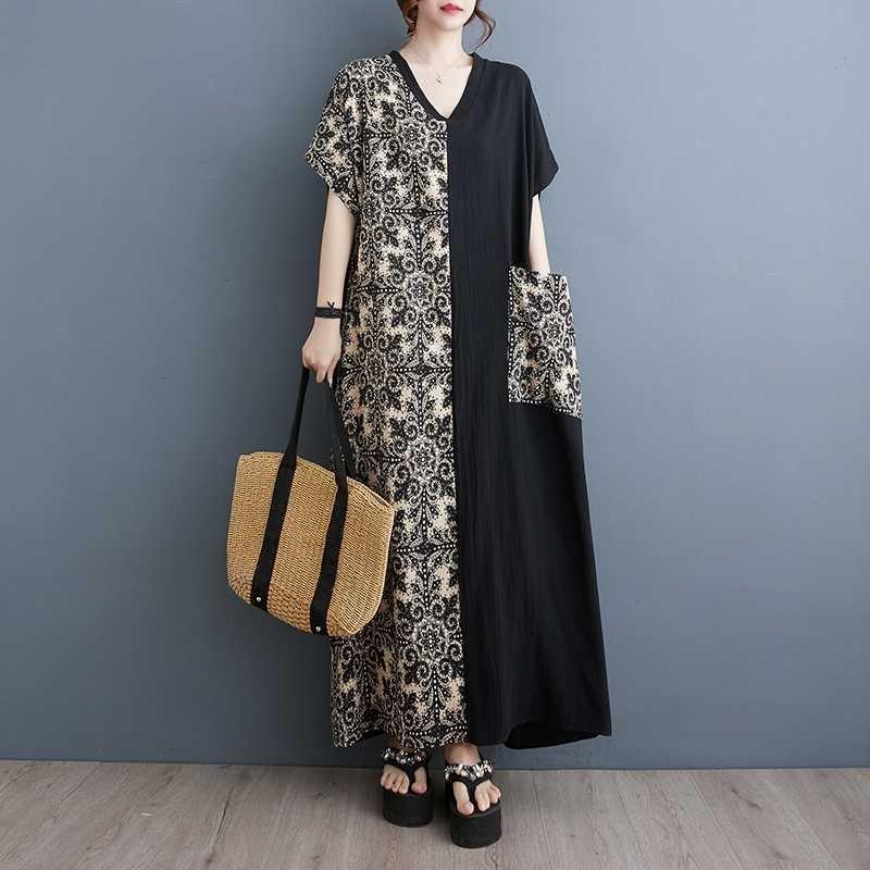 Summer Vintage Colorblocking 200 Pounds Long Dresses Big Pockets V-Neck Dresses