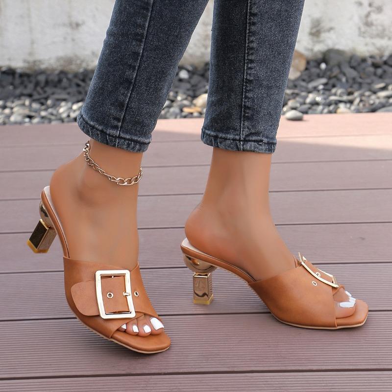 Belt buckle high-heeled slippers Women's African fashion one-character sandals Women Slippers
