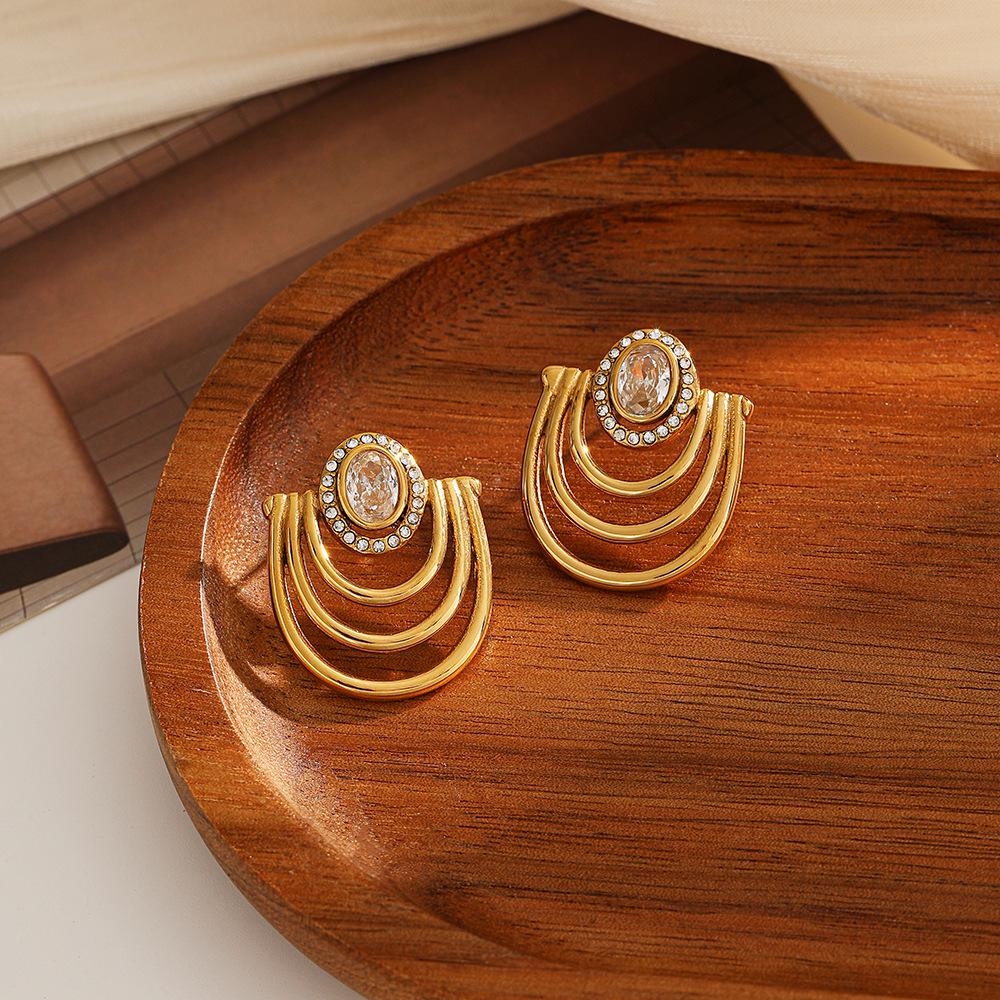 18K Gold Vacuum-Plated Stainless Steel Zirconia Stud Earrings - Women's High-End European American Retro Style, Waterproof with Polished Finish