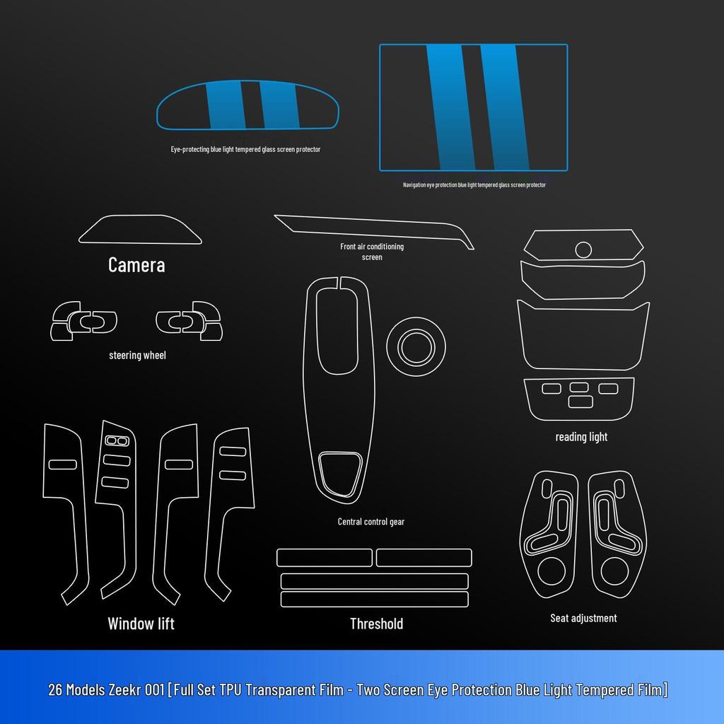 Zeekr 001 Navigation Screen Protector: Tempered Film & Interior Control Stickers for 26 Models