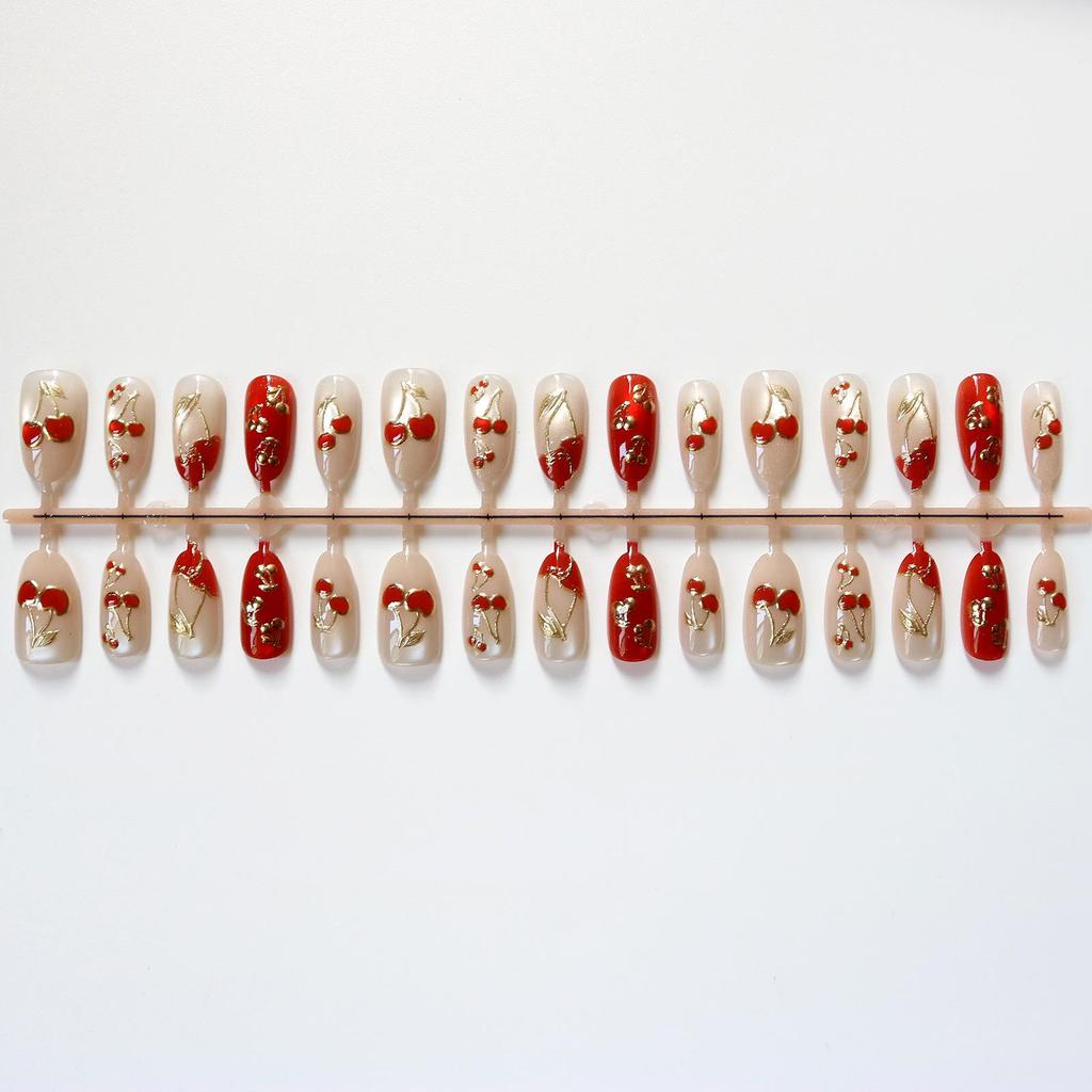 3D Red Cherry Gold-Plated Cat Eye Wearable Nails - Luxurious Skin-Whitening Nail Art Stickers.