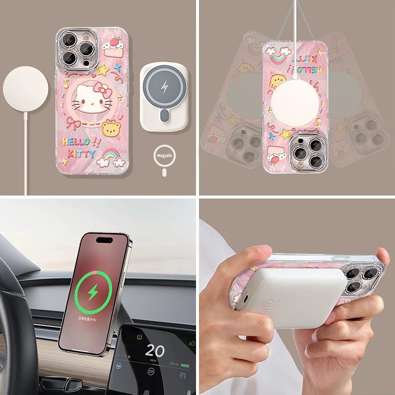 Pink Kt Cat Bracket Is Suitable for Apple 16 Magnetic Feather Yarn Mobile Phone Case 13 Cute Cartoon 15 Advanced Sense 14 Girls