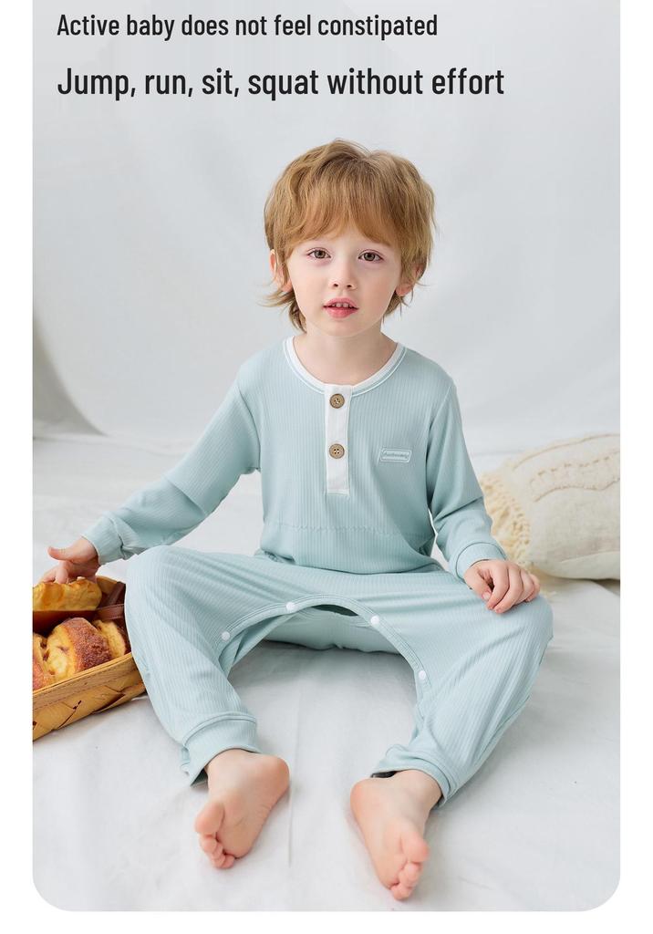 Bamboo Fiber Kid's Pajamas: Cool, Sweat-Wicking One-Piece with Belly Protection for Toddlers & Children (S, M, L) - Ideal for Air Conditioning.