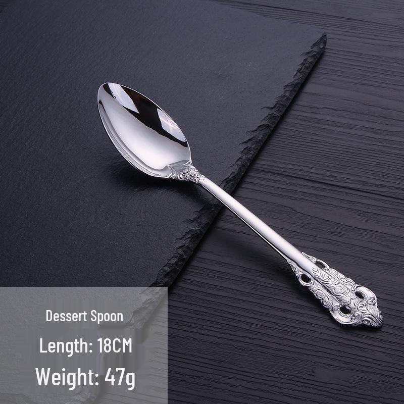 European Retro Stainless Steel Embossed Cutlery Set: Steak Knife, Fork, Spoon, Cake Fork, Dessert Fork, Soup Ladle