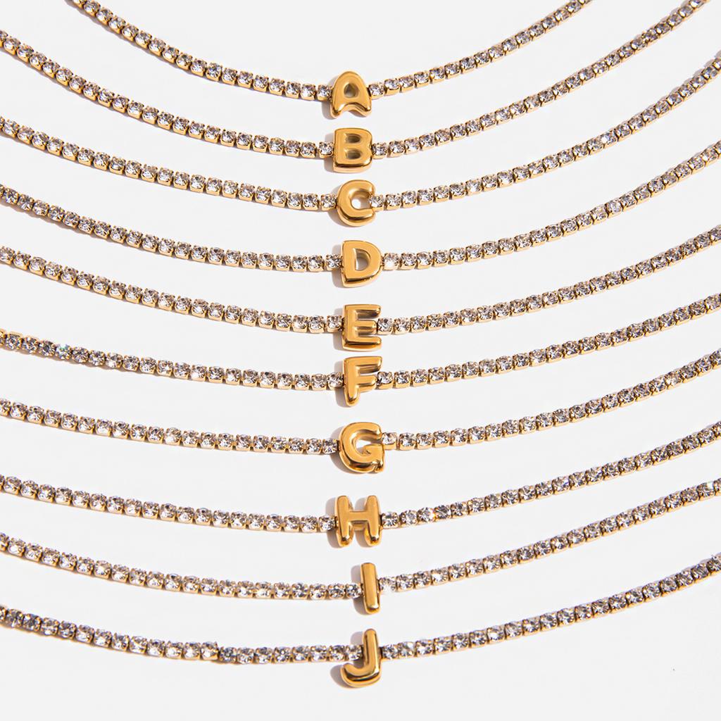 Classic Fashion Style 18K Gold Plated Stainless Steel White Rhinestone Chain Tennis Letter Bracelets for Women Daily Wear
