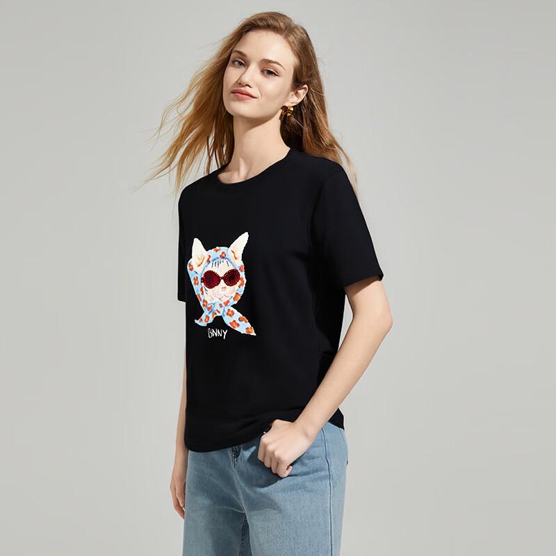 Women's Cat Print Beaded Short Sleeve T-Shirt