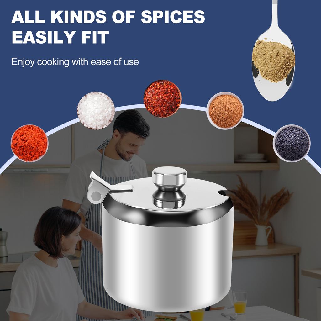 Fresh Stainless Steel With Lid And Spoon Sugar Bowl Seasoning Jar Seasoning Jar Tableware Spice Container
