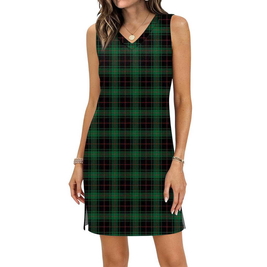 Women's Casual V-neck Sleeveless Split Hem Plaid Print Dress
