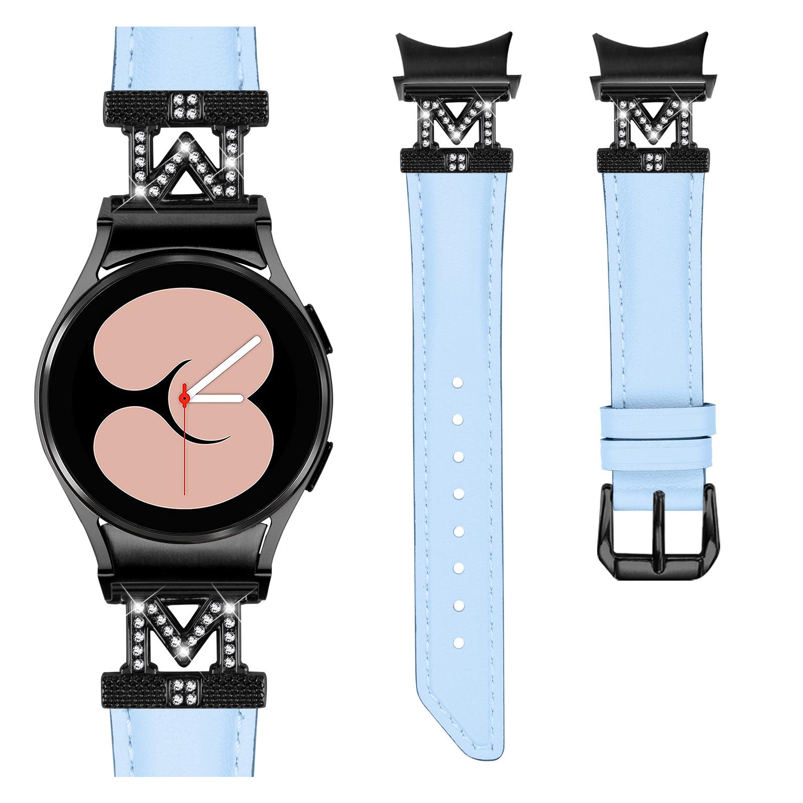 

Genuine Cow Leather Band for Samsung Galaxy Watch6 40mm 44mm/Watch6 Classic 43mm 47mm Rhinestone M-shape Connector Watch Strap with Black Buckle Brown