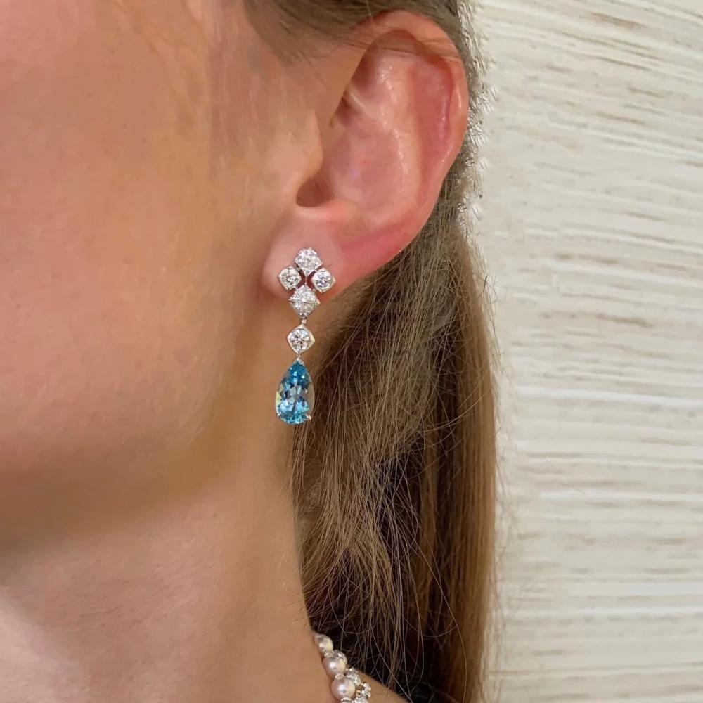 Luxury Santa Maria Aquamarine Stud Earrings High Carbon Diamond Accents Long Dangle Earrings Women Jewelry