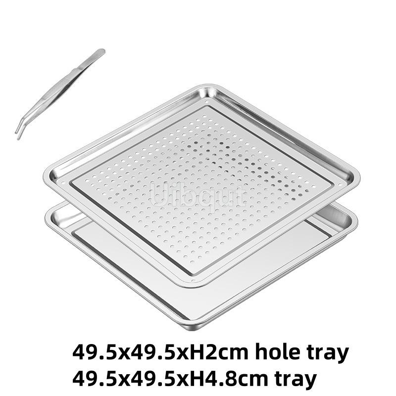 Stainless Steel Rectangle Dinner Tea Tray Double 2 Layer Dumpling Oil Leaking Hole Basin Steaming Draining Hole Plate with Basin