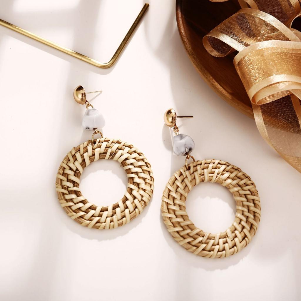 Women Men Retro Style Round Weave Wooden Earrings Beige Eardrop