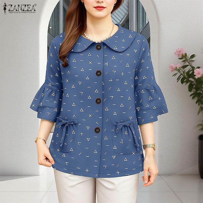 ZANZEA Women Turn Down Collar Loose Casual 3/4 Sleeve Print Blouse
