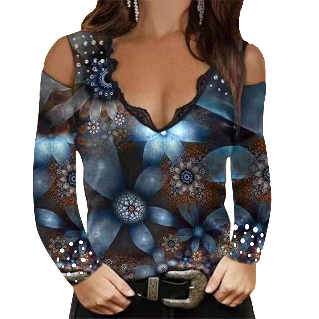 Women's Long Sleeve Sexy Floral Printed V-neck Lace Strapless T-shirt Blouse Top