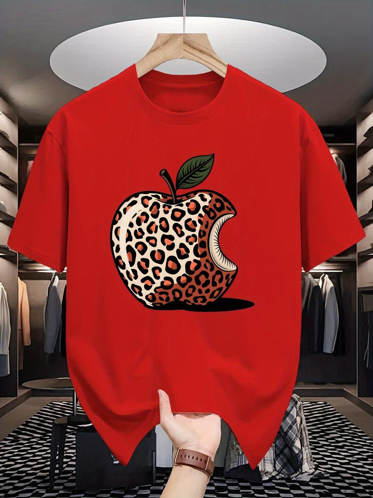 Unisex Crew Neck Tee Leopard Print Bitten Apple Art Graphic Print Soft Cotton Loose Short Sleeve Summer Casual Male Streetwear Tops