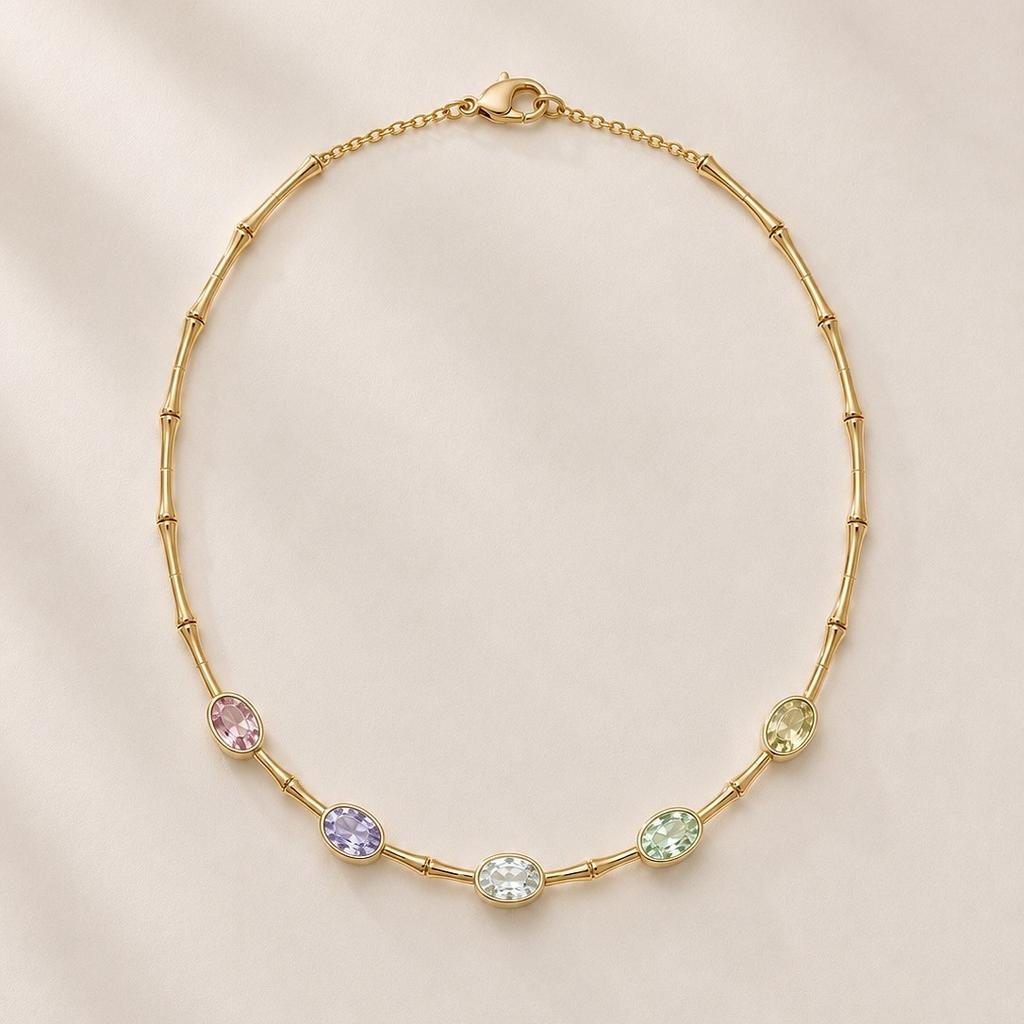 Colorful Oval Pendant Necklace Gold Tone Chain Necklace Multicolor Statement Jewelry Faceted Details Gift for Her