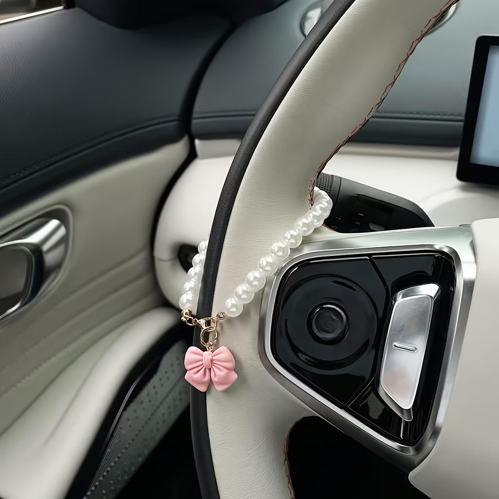 Sweet Style Faux Pearl Chain Car Hanging Ornament, Soft Pink Bow Pendant, Detachable Lobster Clasp, Does Not Block The View