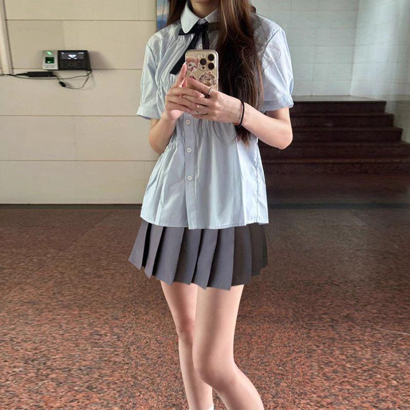 Női Nyári Kék Rövid Ujjú fodros Babydoll Póló - Koreai Főiskolai Stílusú JK Egyenruha