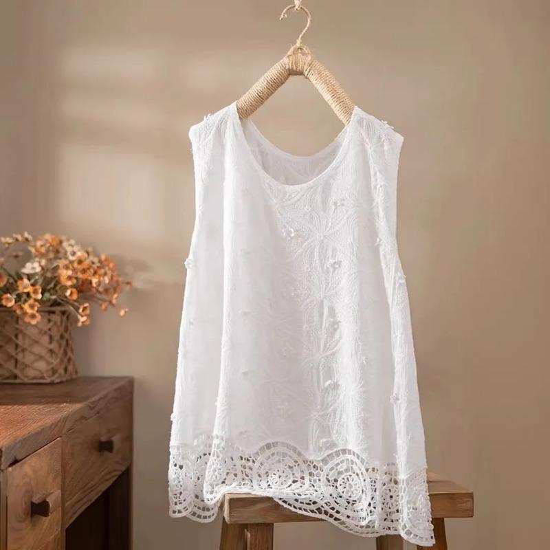 Women Lace Crochet Sleeveless Top Round Neck Casual Loose Fit Tank Top with Scalloped Hem