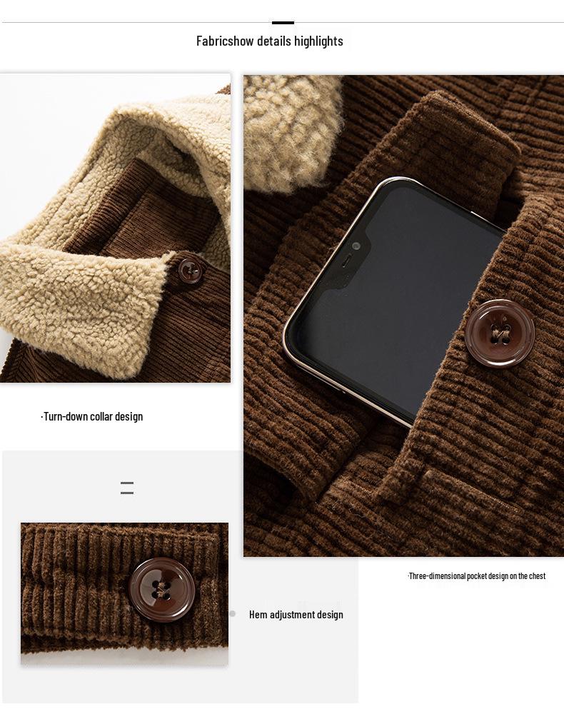 Retro Multi-Pocket Men's Corduroy Jacket with Velvet Lining