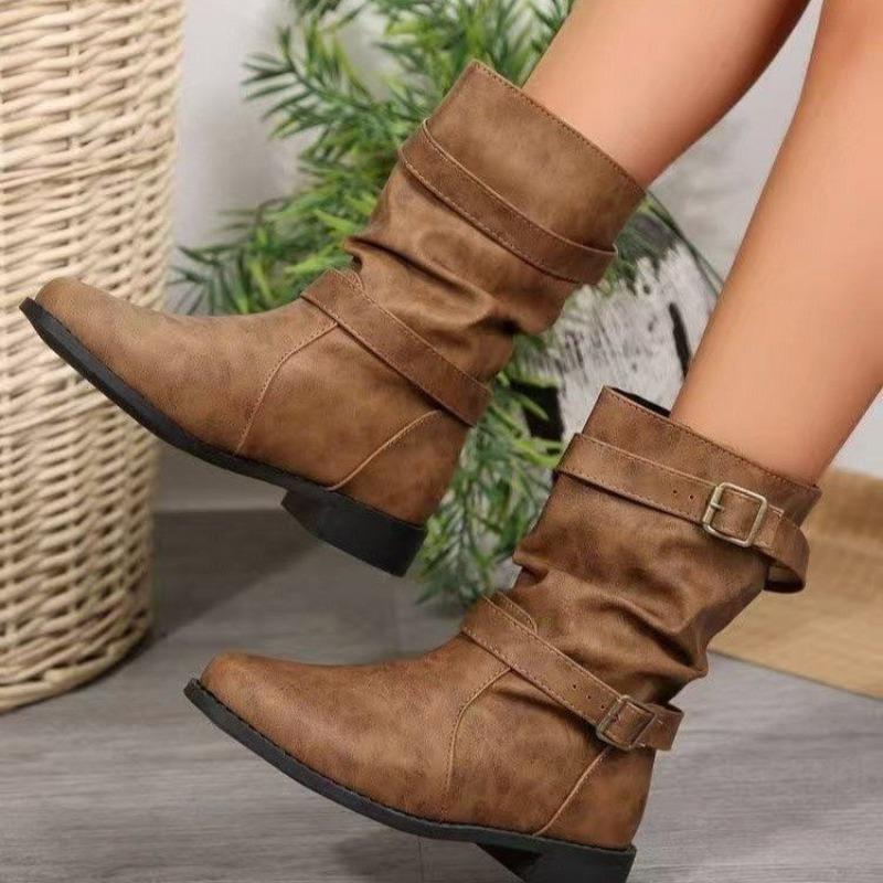 Women's Large Size Fall Winter Flat Low Heel Mid-Calf Boots.