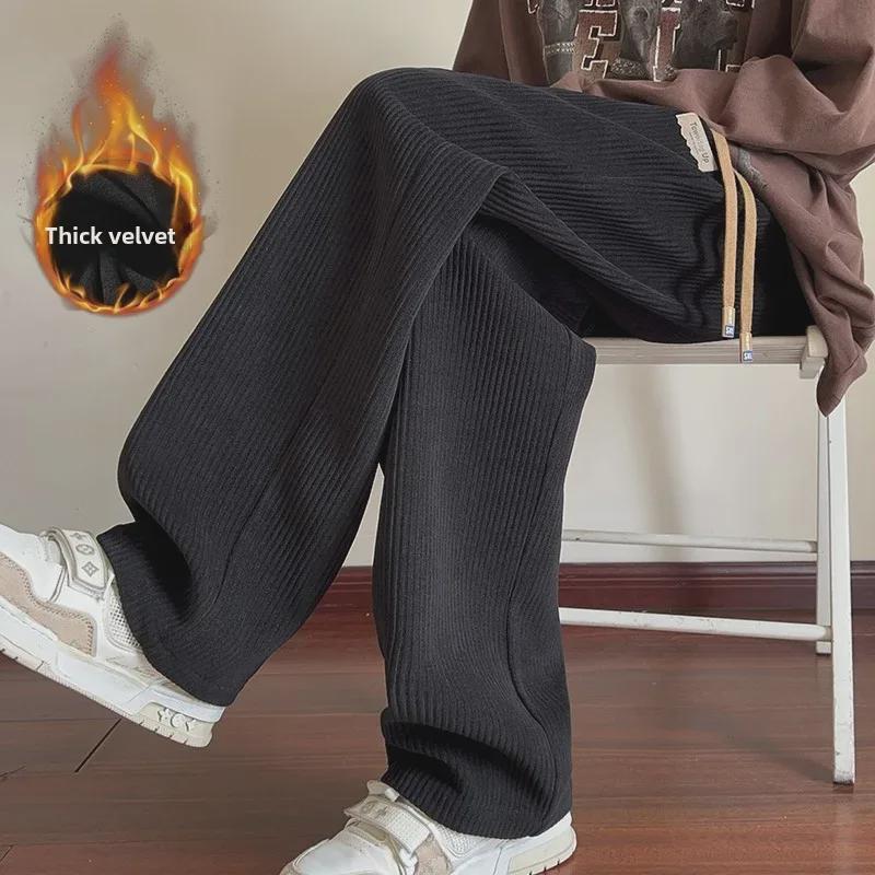 Khaki Velvet-Lined Corduroy Sweatpants for Boys - Oversized Wide-Leg Winter Trousers, American Style
