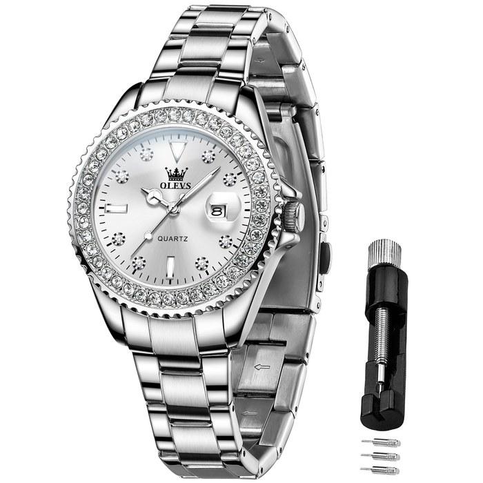 OLEVS Women s Watch Stainless Steel Quartz Diamond Dial Luminous 30m Waterproof White