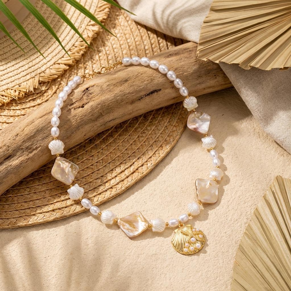 Vintage Boho Exaggerated Big Starfish Shell Necklace for Women Gold Color Coral Pearl Scallop Choker Summer Beach Party Jewelry