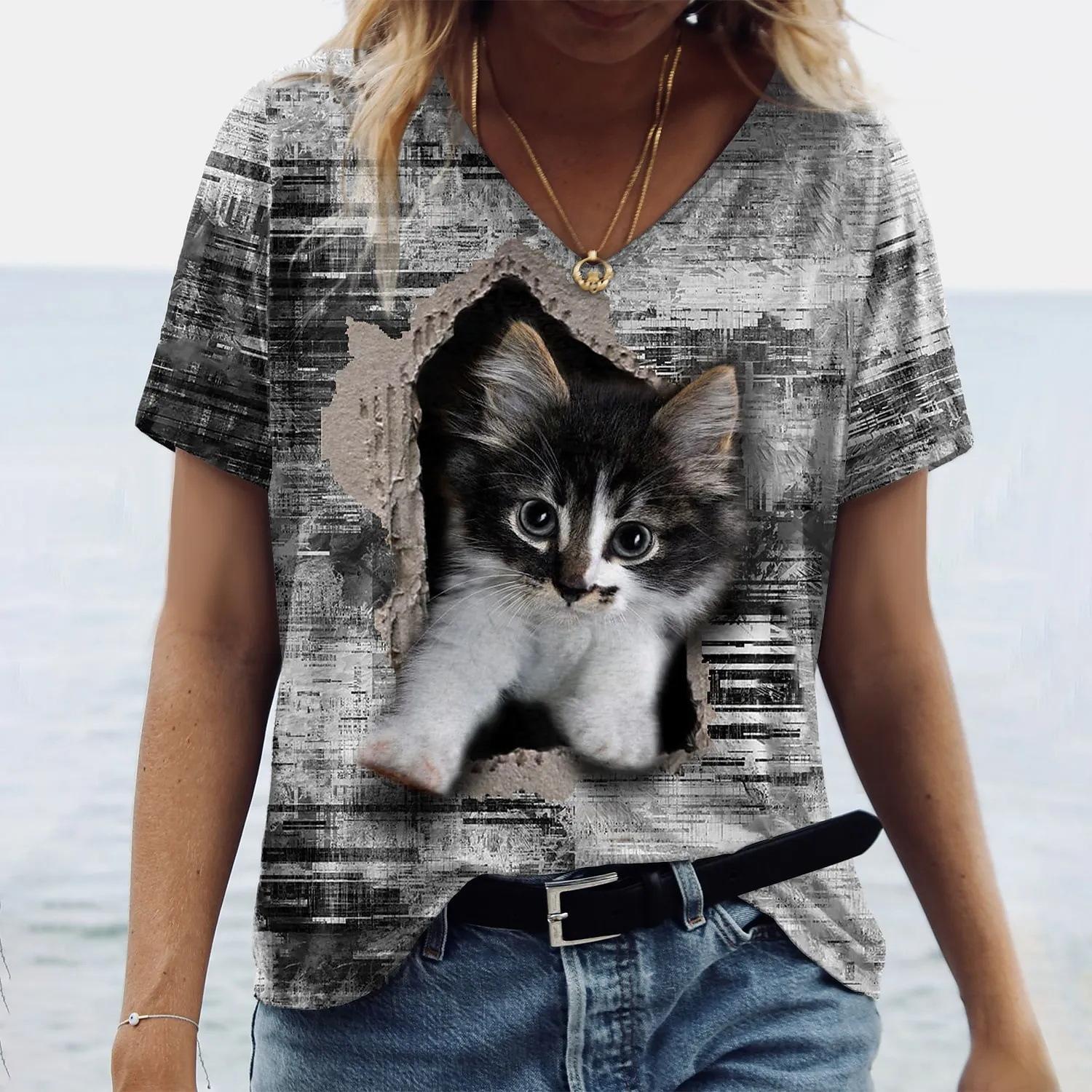 

Summer Casual Short Sleeved V-neck Cat 3D Printed Women s T-shirts S
