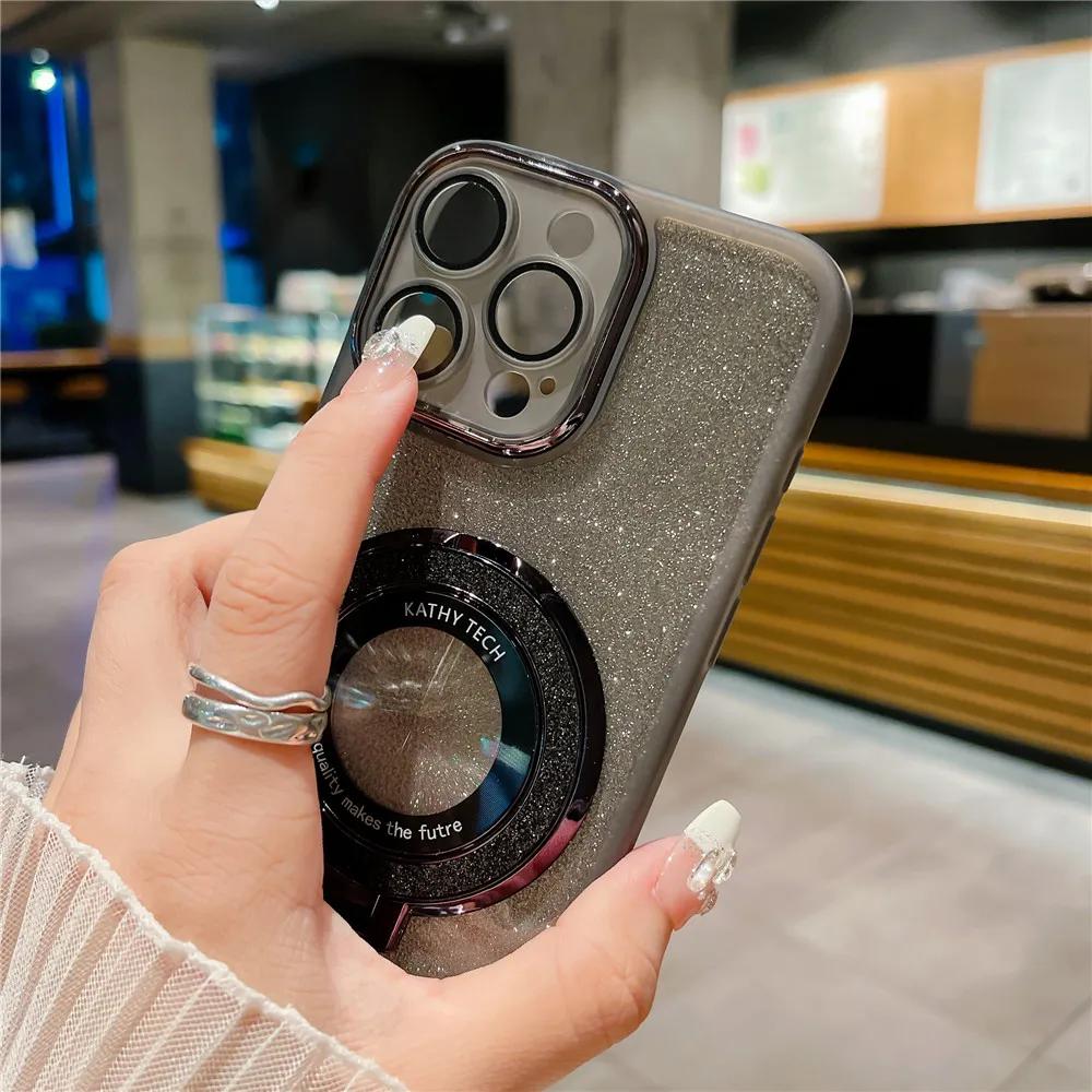 Glitter Magnetic Holder Silicone Case for Samsung S24 S23 S22 S21 Ultra Plus FE A53 A14 A54 A15 A55 iPhone 16 15 14 13 12 11 Pro Max Plus XSMAX XR 8 7