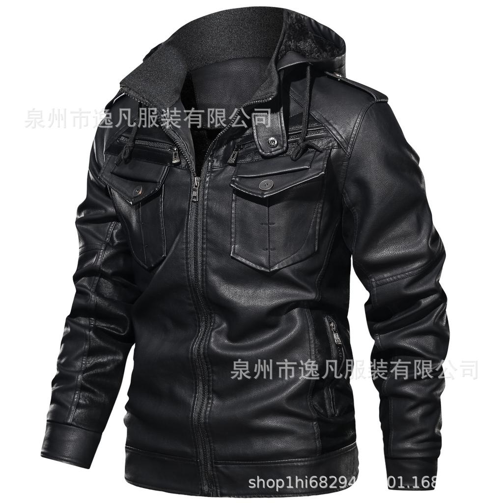 New product men's jacket European and American wash faded fleece thickened hooded pu leather jacket trendy large size