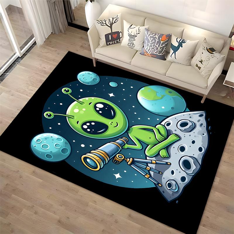 Cute Green Alien Cartoon with Telescope and Space Planets Design Carpet Suitable for use as an anti-slip for living room bedroom sofas