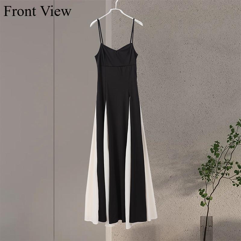 Fashion Contrasting Color Spaghetti Strap Dress for Women Elegant Gauze Backless A-line Long Dresses New Lady Party Evening Dresses