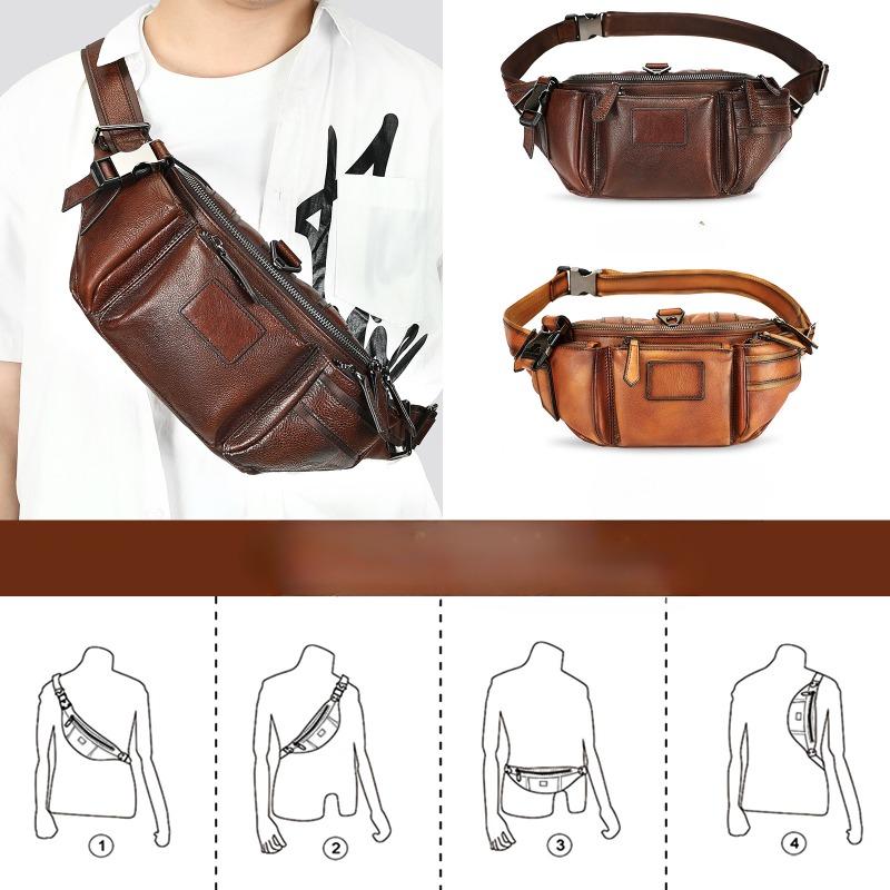 Vera Pelle Borsa da Petto da Uomo Retro Marsupio Monospalla a Tracolla Marsupio da Uomo in Pelle Bovina