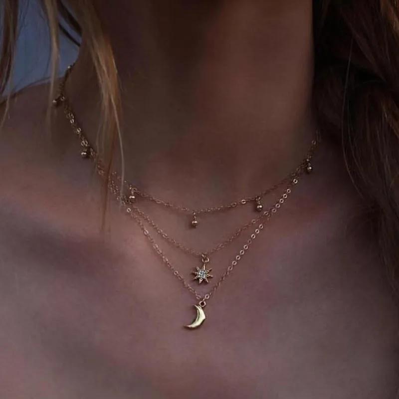 New Boho Vintage Multi Layered Crystal Pendant Necklaces for Women Luxury Gold Color Moon Cross Star Choker Chains Party Jewelry