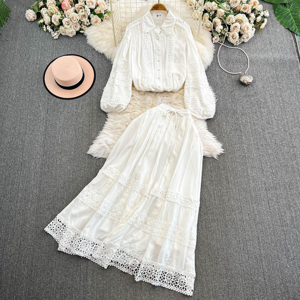 Lace Panel Long Sve Irt And High Waist Flared Skirt Set Women's Faion Ensemble Hollow Out Design Slimming Women Suit 2 Pieces Set