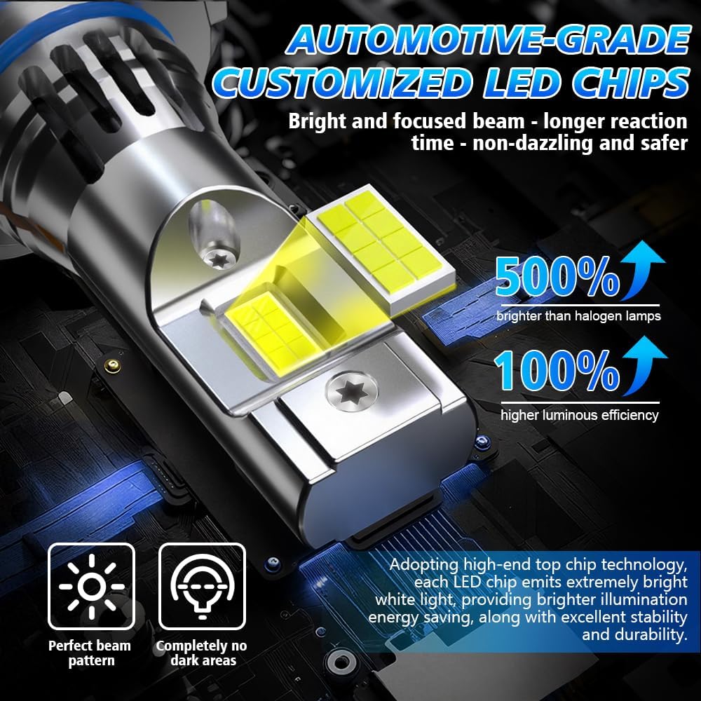 

LED Headlight Bulbs for Chevrolet Traverse 2009-2012, 9005 High Beam, H11 Low Beam and Fog Lights, 6500K White, 55W with Built-in Fan, 6-Pack