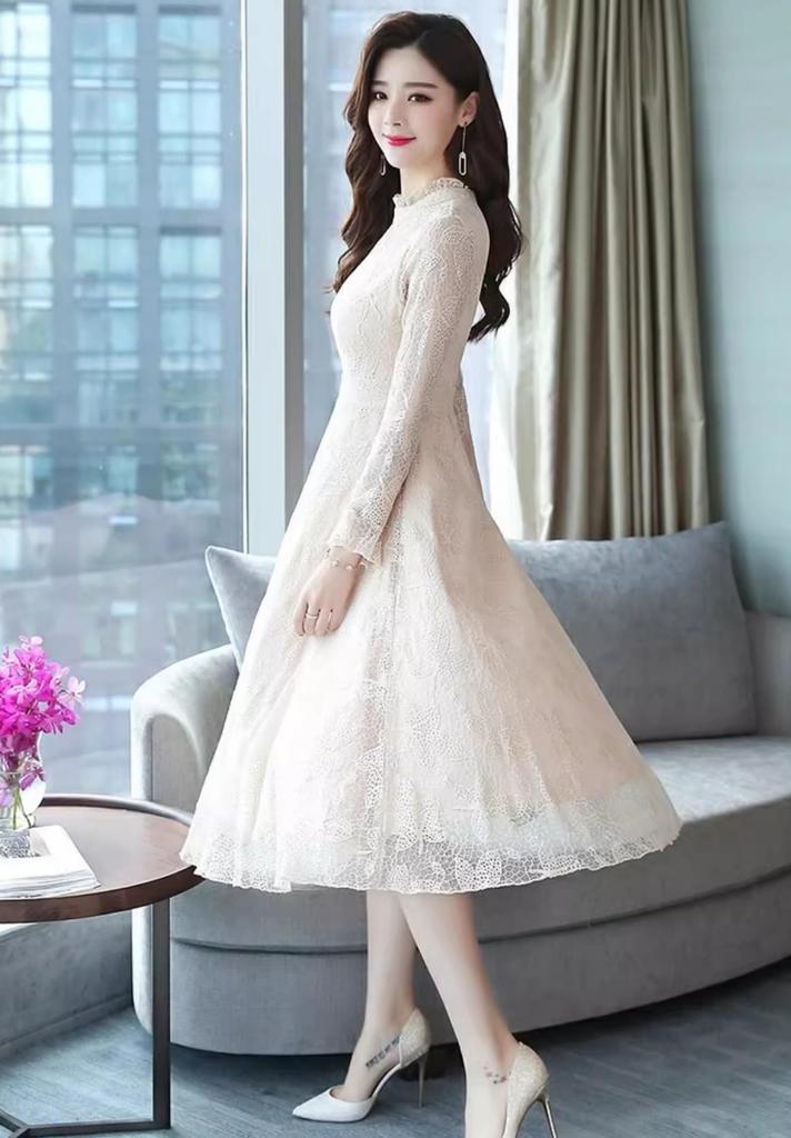 MATSUMIZUYU Lace Long Flare Dress with Long High and Lined for and and Fall Women's Sleeves, Sheer, Cute, Waist, Slimming, Stylish, Parties, Weddings,