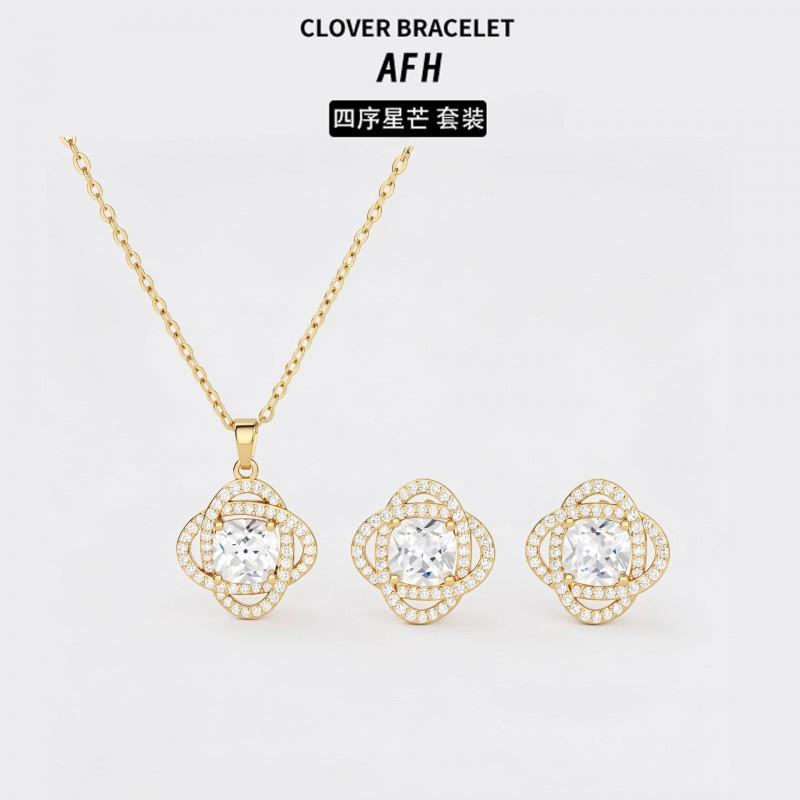 Jewelry Set Women Clover Design 16k Gold Plated Zircon Pendant Necklace Earrings Fashion