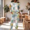 Women's Long Sleeve Round Neck Drawstring Wide Leg Pajama Set for Casual and Sleepwear