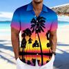 Hawaiianisches Kurzarmhemd mit Palmen-Sonnenuntergangs-Print, Ideal für Sommer-Strandkleidung