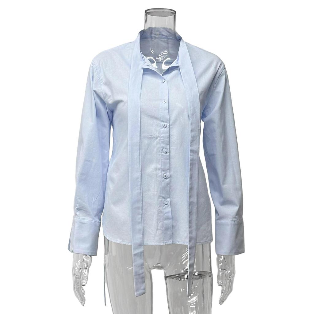 Elegant Women's Lace-Up Woven Shirt - Spring/Autumn French Casual Style