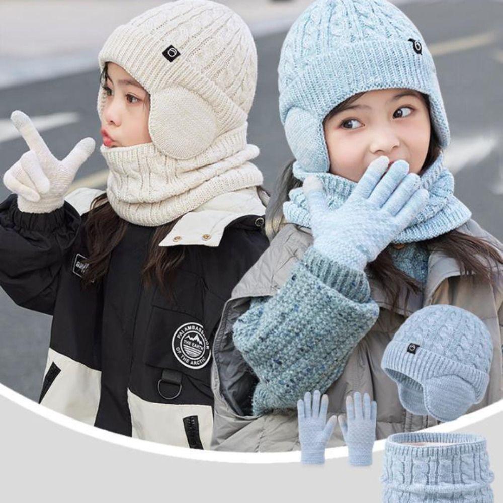 3Pcs/Set Solid Color Winter Pullover Hat Coldproof Ear Protection Caps  Streetwear