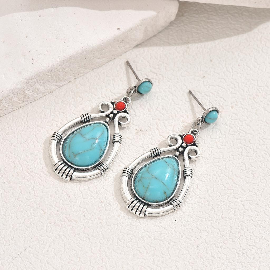 Hot Sale Bohemian Vintage Earrings Leaf Droplet Shaped Handmade Rice Bead Woven Tassel Turquoise Earrings