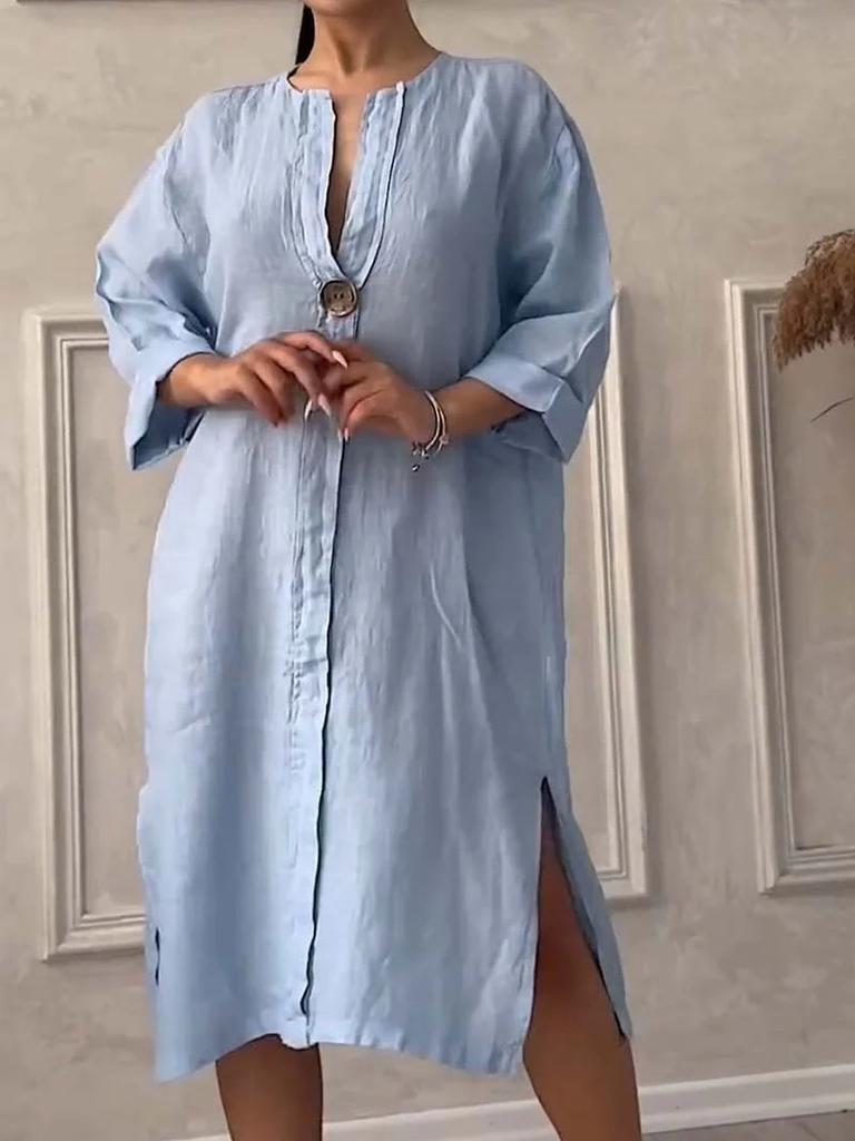 Women's New Cotton Linen Solid Color Casual Round Neck Button Long Dress
