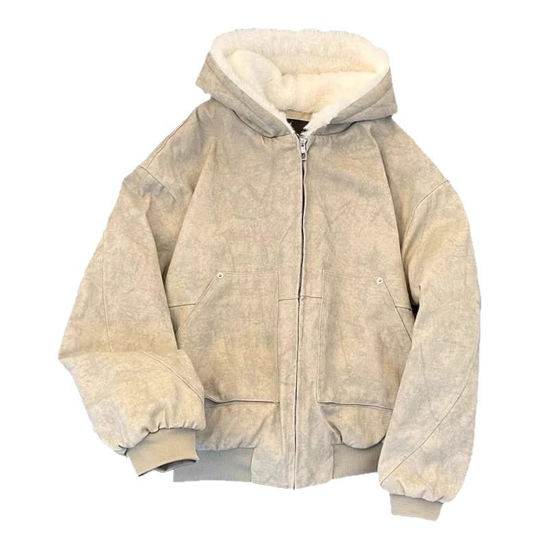Unisex Snow Eagle Velvet-Enhanced Winter Cotton Jacket with Lamb Wool Lining - Trendy Short Hooded Outerwear