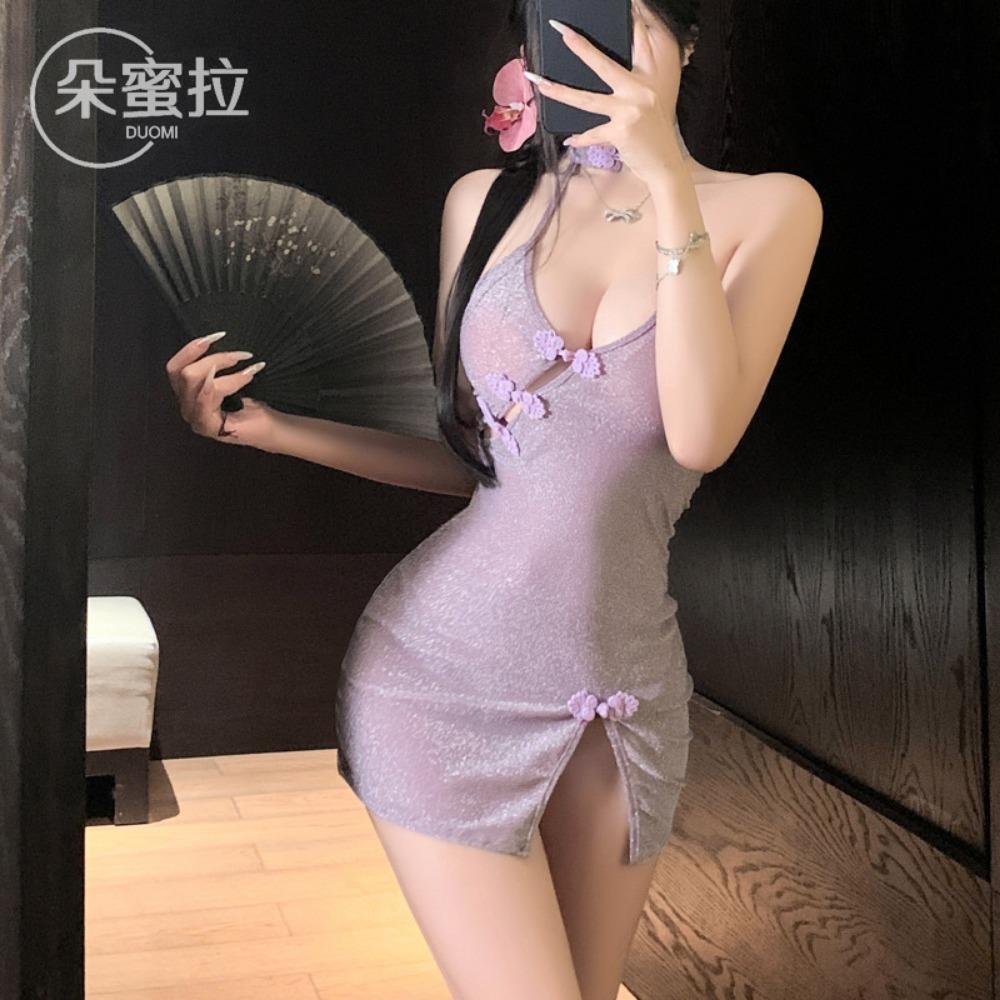 Domila's New Luxury Lady Deep V Open Chest Diagonal Cheongsam Sex Underwear Sexy Pure Desire Perspective Temptation